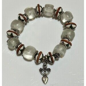 Ceramic Mexican & Sea Glass Beaded Stretch Bracelet W/ Fertility Goddess Charm
